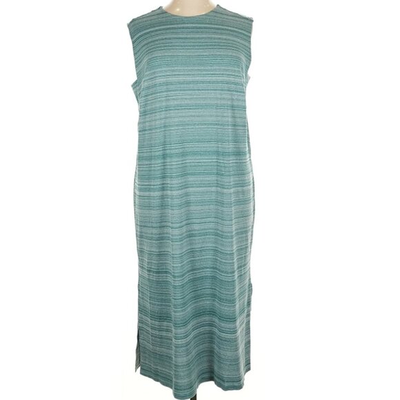 Duluth Trading Co Midi Dress Crewneck Teal Heathered Stripe Stretch Fall Casual - Picture 1 of 6